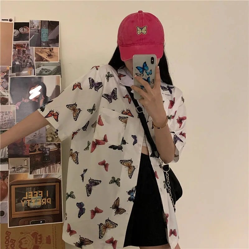 Cute Vintage White Butterfly Print Button Up Pocket Blouse Short Sleeve Shirt Top Loose Aesthetic E-Girl Kawaii Korean Japanese Harajuku Streetwear