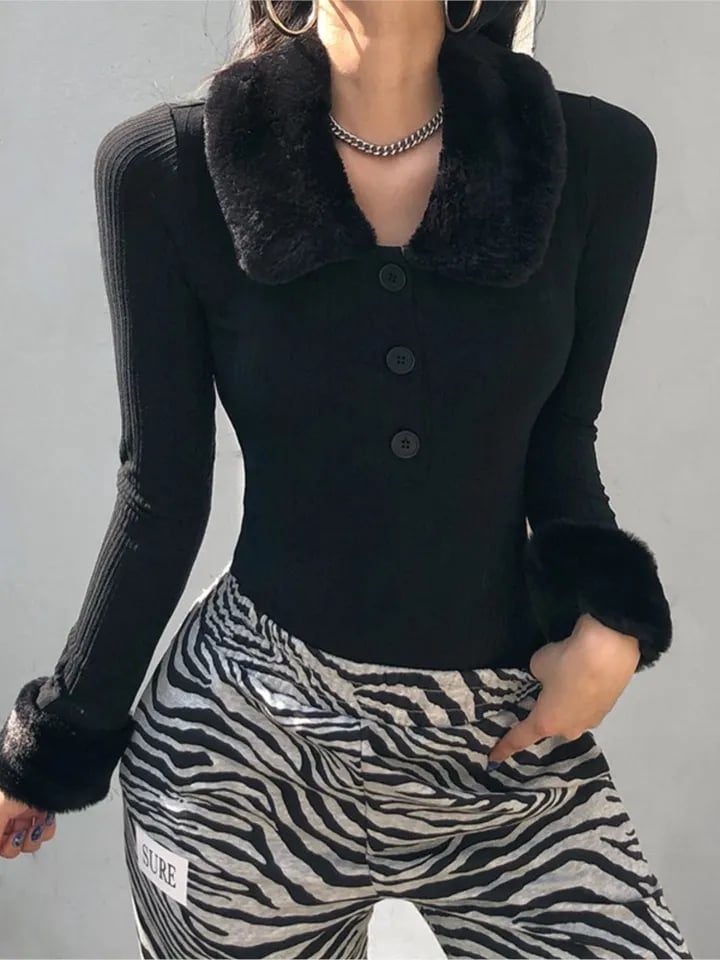 Black Faux Fur V Neck Bodycon Sweater