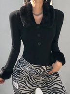 Black Faux Fur V Neck Bodycon Sweater