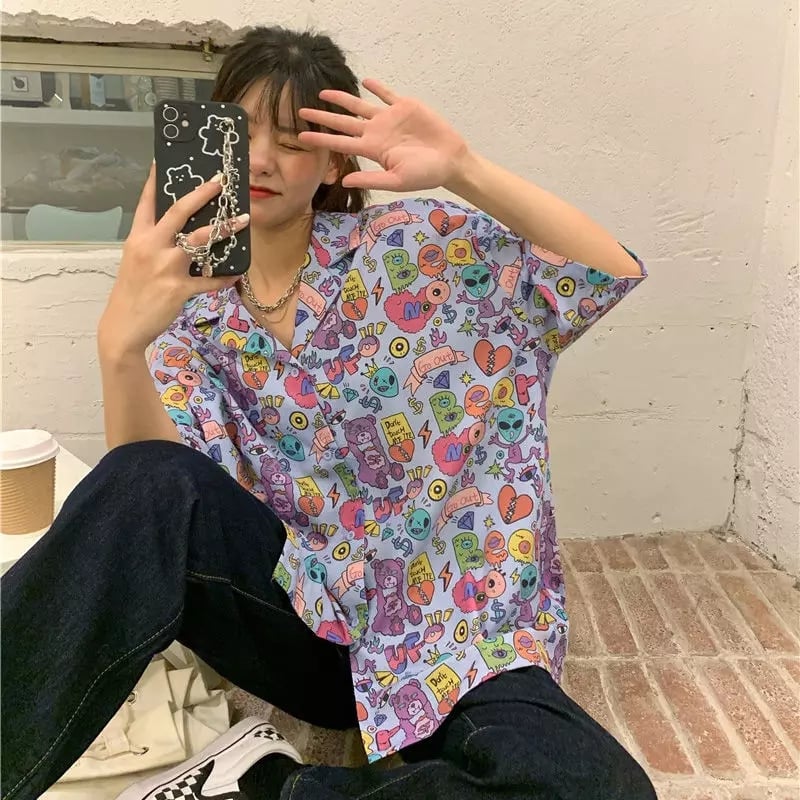 Cute Vintage Punk Art Graphic Oversize Button Up Short Sleeve T- Shirt Top Blouse Aesthetic Casual Summer E-Girl Kawaii Korean Japanese Harajuku