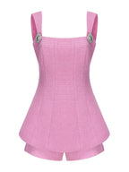 2PCs Pink Tweed Square Collar Top + Shorts Set