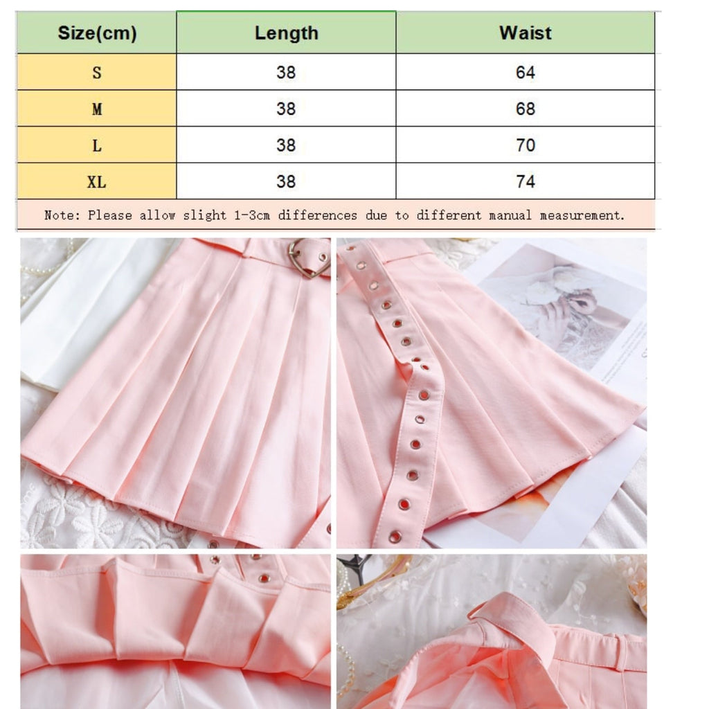 Cute Preppy Summer Pleated Heart Shape Belt High Waist Mini Skirt Bottom E-Girl Kawaii Korean Japanese Harajuku Chinese Retro Streetwear Aesthetic