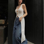 White Hollow Out V Neck Long Tank Top