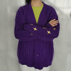 Purple Star Embroidery Button Cardigan