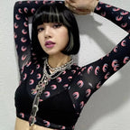 Cute Sexy 2pcs Moon Print Long Sleeve T-shirt Crop Top With Bra Camisole Summer Aesthetic Casual E-Girl Kawaii Korean Japanese Harajuku