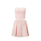 2PCS Pink Side Cross Strapless Top + Pleated Mini Skirt