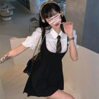Cute Preppy Puff Sleeve Shirt Pleated Dress Set Student Aesthetic Casual E-Girl Kawaii Korean Japanese Harajuku