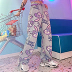 Cute Bunny Rabbit Cartoon Print High Waisted Denim Long Wide Leg Jeans Pants Trouser Aesthetic Casual Summer E-Girl Kawaii Korean Japanese Harajuku