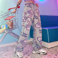 Cute Bunny Rabbit Cartoon Print High Waisted Denim Long Wide Leg Jeans Pants Trouser Aesthetic Casual Summer E-Girl Kawaii Korean Japanese Harajuku