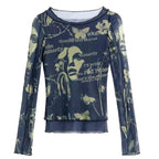 Butterfly Print Mesh Long Sleeve Shirt