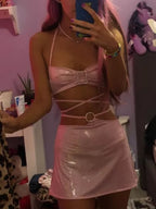 Cute 2pc Set Pink Glitter Fairy Crop Top + Mini Skirt Sexy Club Party Rave Summer Aesthetic Casual E-Girl Kawaii Korean Japanese Harajuku