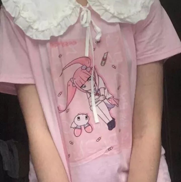 Cute Sweet Pastel Pink Anime Girl Strawberry Print Loose Short Sleeve Shirt Aesthetic Casual E-Girl Kawaii Korean Japanese Harajuku