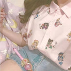 Pastel Anime Girl Japanese Print Cartoon Button Down Short Sleeve Shirt