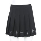 Cute Black Cross Print Goth Punk Pleated High Waisted Mini Skirt Bottom E-Girl Kawaii Korean Japanese Harajuku Retro Streetwear