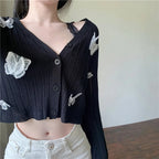 Cute Sweet Butterfly Knit Cardigan V Neck Crop Top Thin Long Sleeve T-shirt Vintage Aesthetic Casual Summer E-Girl Kawaii Korean Japanese Harajuku