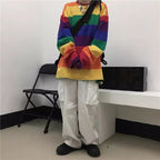 Colorful Rainbow Striped Oversize Loose Long Sleeve Shirt Top T-shirt O Neck Casual E-Girl Kawaii Korean Japanese Harajuku Streetwear