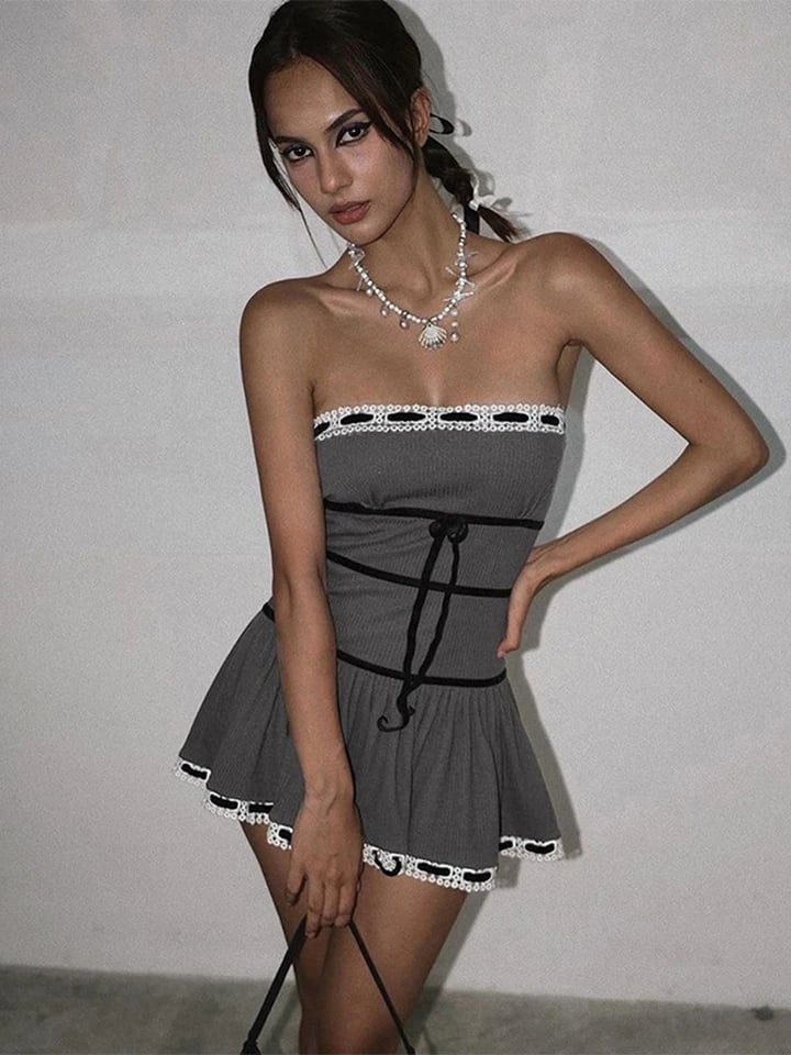 Lace Tie Up Strapless Mini Dress