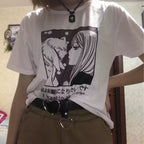 Cute Vintage Sweet Funny Cat Anime Girl Print Loose Short Sleeve Short T-shirt Tee Top Summer Casual E-Girl Kawaii Korean Japanese Harajuku Streetwear