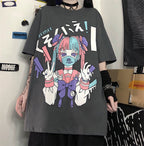 Cute Japanese Girl Punk Goth Print Oversized Short Sleeve Shirt Tee T-shirt E-Girl Kawaii Korean Japanese Harajuku Retro Streetwear Aesthetic