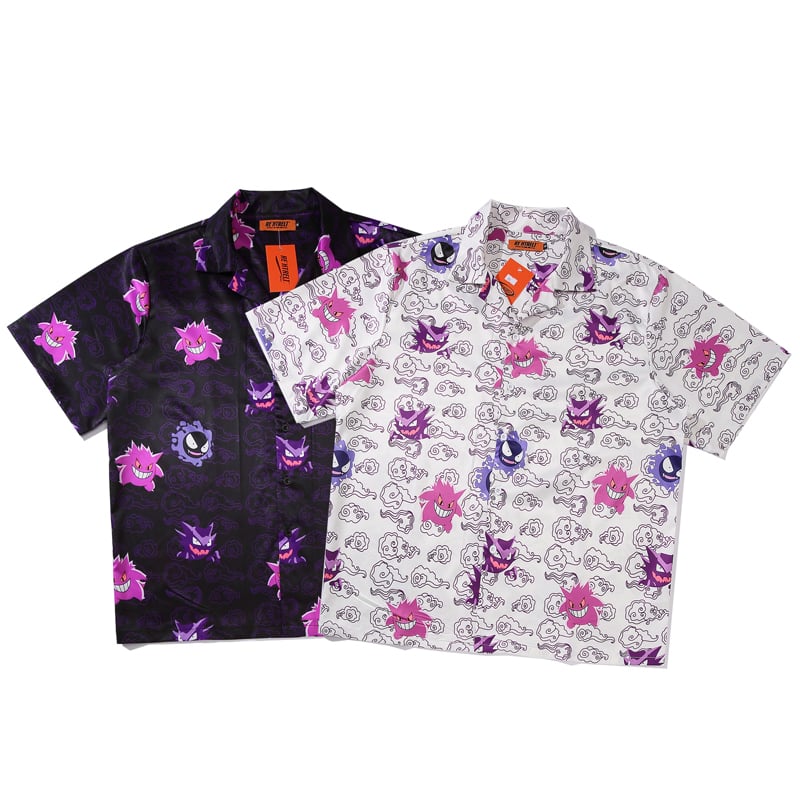 Funny Anime Genger Graphic Cartoon Print Loose Button Down Short Sleeve Short T-shirt Top Causal E-Girl Kawaii Korean Japanese Harajuku Streetwear