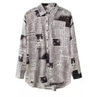 Cute Vintage Newspaper Letter Print Button Up Long Sleeve Shirt Blouse Top Aesthetic Casual E-Girl Kawaii Korean Japanese Harajuku