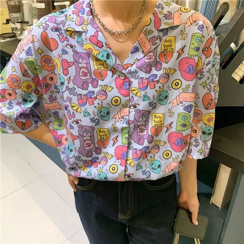 Cute Vintage Punk Art Graphic Oversize Button Up Short Sleeve T- Shirt Top Blouse Aesthetic Casual Summer E-Girl Kawaii Korean Japanese Harajuku