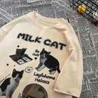 Cat Milk Cartoon Print Short Sleeve T-shirt