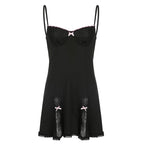 Cute Sexy Black Lace Bow Patchwork Retro Mini Dress Party Club Summer Aesthetic Casual E-Girl Kawaii Korean Japanese Harajuku