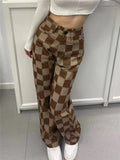 Brown Checkered High Waist Wide Leg Pants
