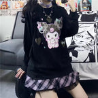 Cute Black Japanese Anime Cartoon Print Loose Oversize Long Sleeve T-shirt