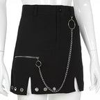 Sexy Black Goth Punk Demin Metal Chain Patchwork High Waisted Mini Skirt Zipper Split A-line E-Girl Kawaii Korean Japanese Harajuku Retro Streetwear