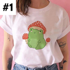 Cute Frog Mushroom Plant Cartoon Print Loose Oversize Short Sleeve T-shirt Punk Aesthetic Casual Summer E-Girl Kawaii Korean Japanese Harajuku