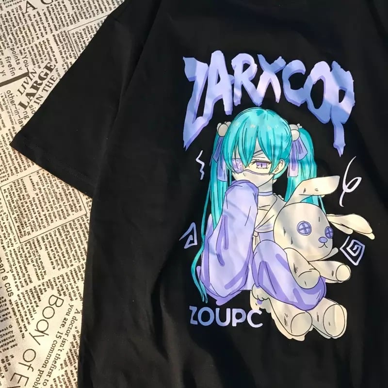 Black Anime Girl Cartoon Print Vintage Oversize Loose Short Sleeve Shirt T-shirt Tee Top Goth Punk E-Girl Kawaii Korean Japanese Harajuku Streetwear