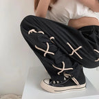 Black Lace Up Wide Leg Trousers