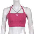 90s Pink Chain Knit Halter Crop Top Backless Tank Sleeveless Shirt Summer Aesthetic Casual E-Girl Kawaii Korean Japanese Harajuku