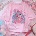 Cute Sweet Vintage Pastel Pink Anime Girl Cartoon Print Short Sleeve Shirt Loose T-shirt Top E-Girl Kawaii Korean Japanese Harajuku Streetwear