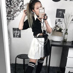 Cute Sexy Black White Patchwork Casual Crop Short Sleeve Shirt Tee T-shirt E-Girl Kawaii Korean Japanese Harajuku Chinese Retro Streetwear Aesthetic