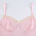 Cute Sexy Pink Sweet Lace Trim Bow Crop Top V Neck Transparent Sleeveless Shirt Summer Party E-Girl Kawaii Korean Japanese Harajuku Streetwear