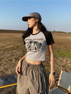 Cat Print Crop Short Sleeve T-shirt