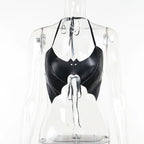 Black PU Leather Bat Crop Top