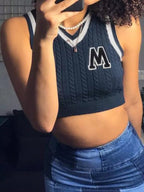 Preppy Letter Print Knit Tank Sweater Vest Sleeveless V Neck Vintage Crop Top Pullover Summer Aesthetic Casual E-Girl Kawaii Korean Japanese Harajuku