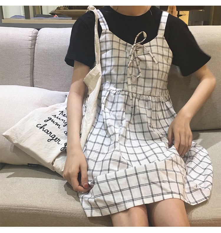 Cute Summer Preppy Loose Casual Plaid Checkered Tank Dress E-Girl Kawaii Korean Japanese Harajuku Retro Streetwear