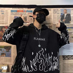 White Black Flame Fire Cartoon Casual Loose Oversized Hoodie Sweater Sweatshirt Long Sleeve Pullover E-Girl Kawaii Korean Japanese Harajuku Streetwear