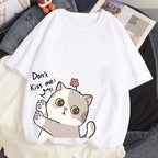 Cute Cat Kitten Don't Kiss Me Graphic Cartoon Print Loose Short Sleeve T-shirt Aesthetic Casual Summer E-Girl Kawaii Korean Japanese Harajuku