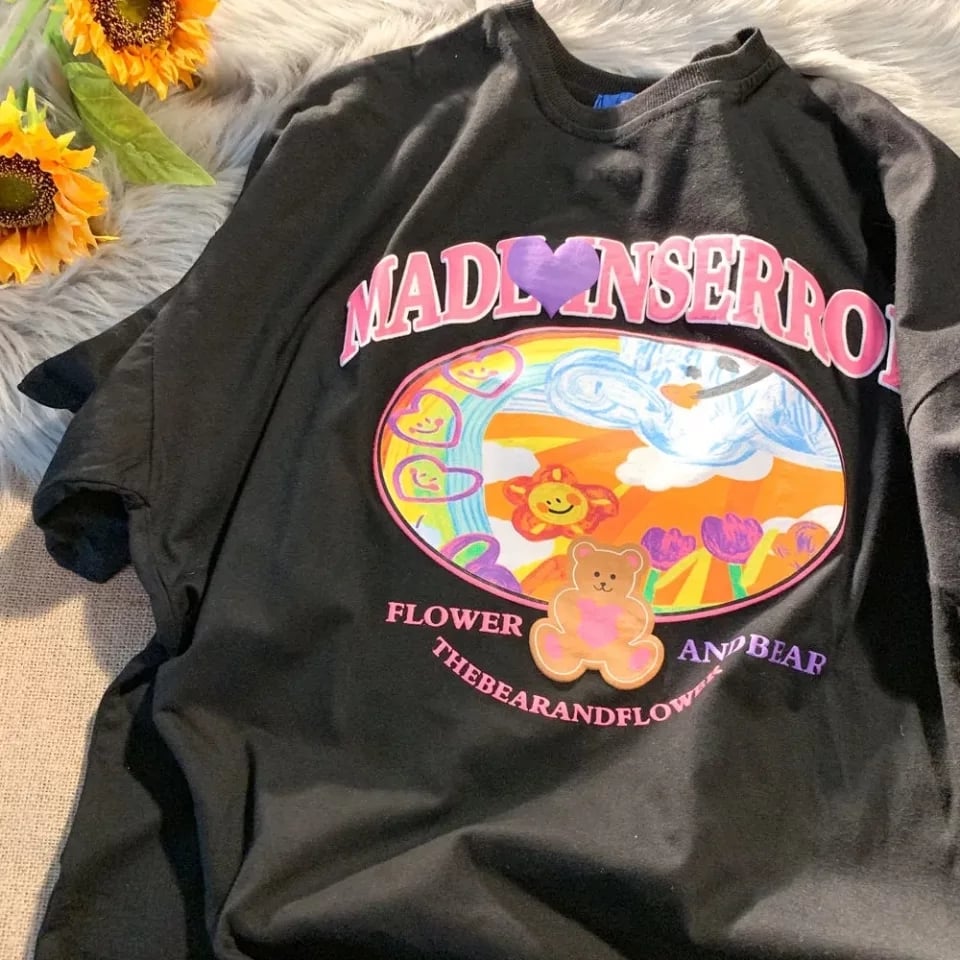 Cute Sweet Graffiti Bear Letter Print Short Sleeve Shirt Top Loose Oversize Aesthetic Casual Summer E-Girl Kawaii Korean Japanese Harajuku