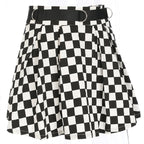 Cute Sexy Checkered Pleated Black White Sash High Waisted Skater Skirt E-Girl Kawaii Korean Japanese Harajuku Streetwear
