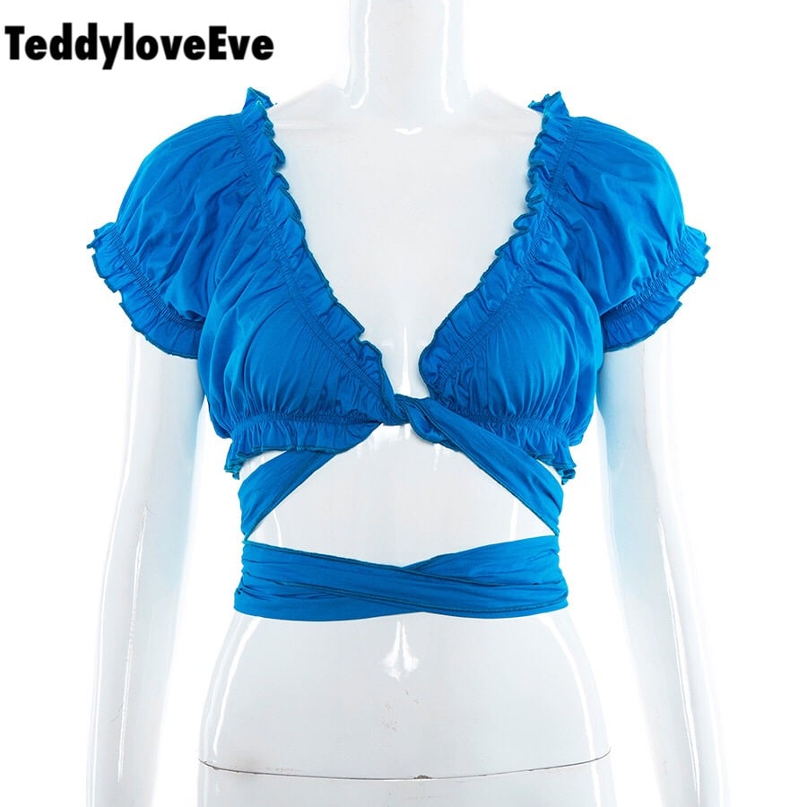 Cute Sexy Solid Color Bandage Cross Tie Up Crop Top Shirt Tee T-shirt E-Girl Kawaii Korean Japanese Harajuku Chinese Retro Streetwear Aesthetic