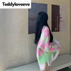 Green & Pink Lattice V Neck Sweater