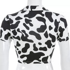 Cute Cow Print V Neck Short Sleeve Shirt Crop Top Summer Aesthetic Casual E-Girl Kawaii Korean Japanese Harajuku