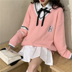 Cute Vintage Preppy V Neck Oversized Sweater Long Sleeve Shirt Pullover Hoodie Sweatshirt E-Girl Kawaii Korean Japanese Harajuku Retro Streetwear